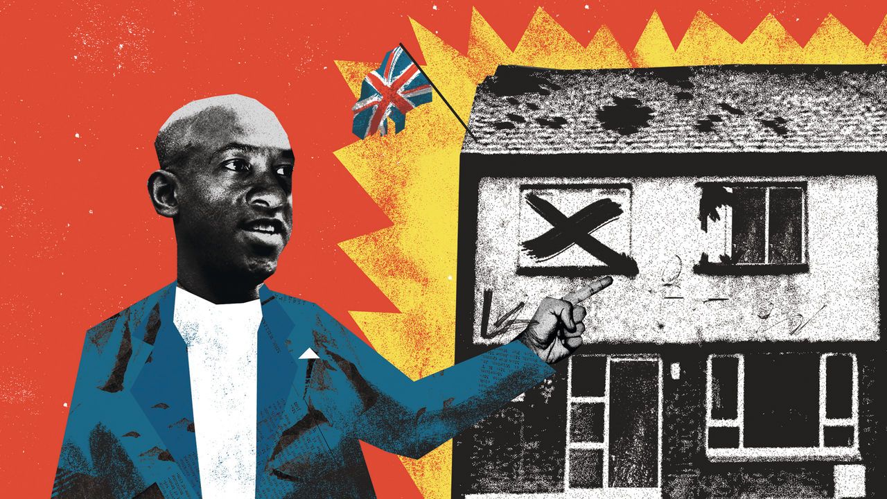 An illustration of Dion Dublin in front of a wreck of a house with a tattered Union Jack flying on top