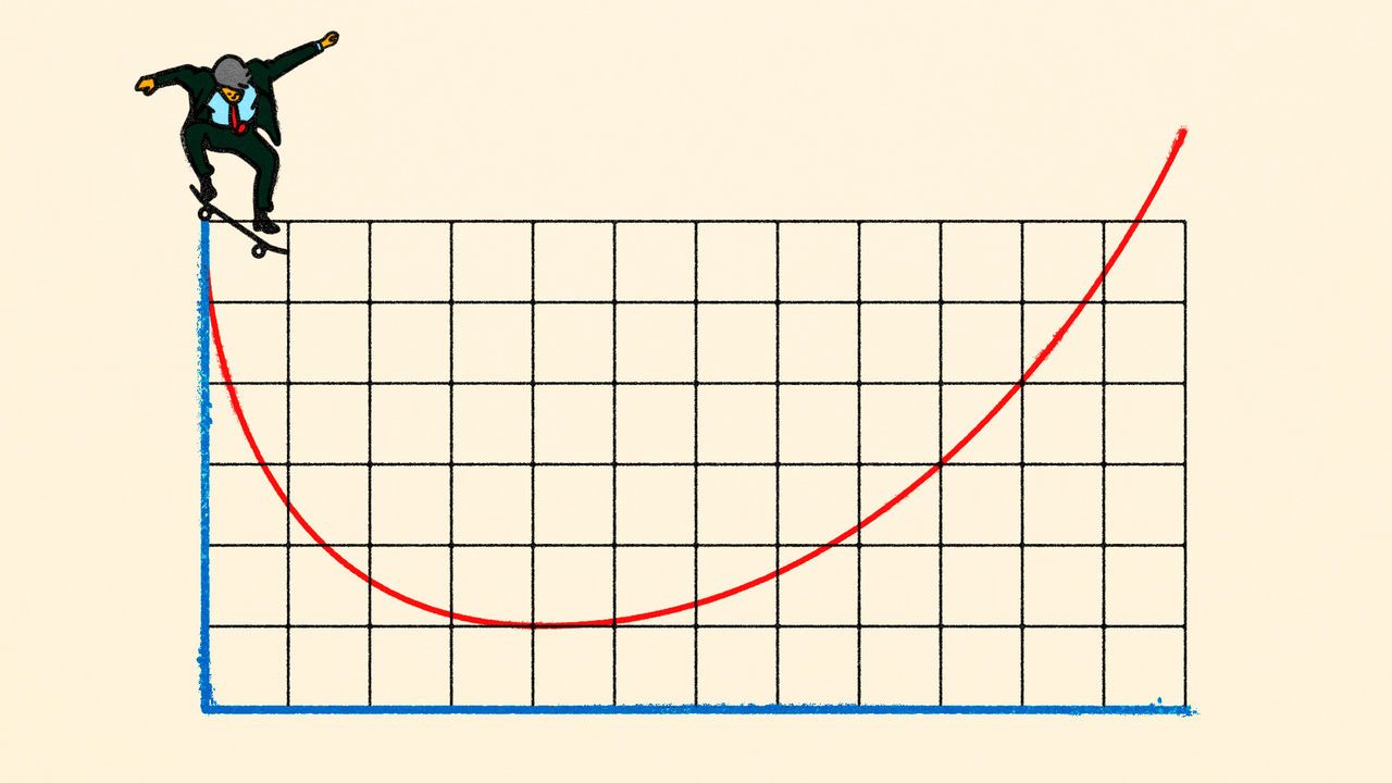 An illustration of a politician skateboarding along a curve on a graph