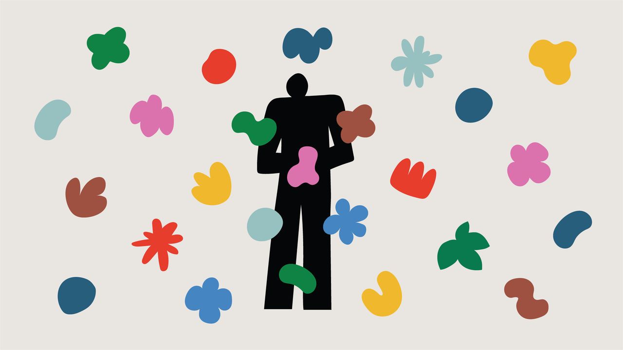 An illustration showing the outline of a person with a pink shape in their abdomen and lots of colourful bacteria-like shapes around them