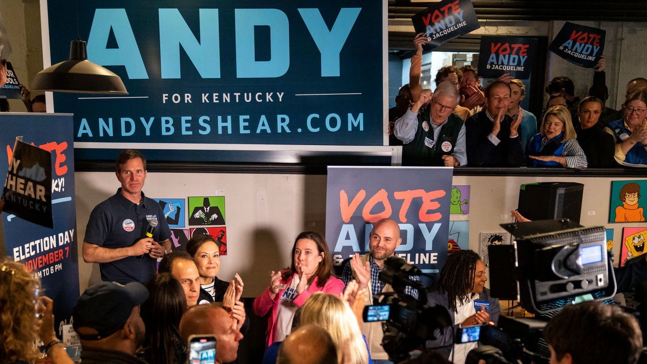 Andy Beshear, Democratic governor of Kentucky, speaks to a crowd