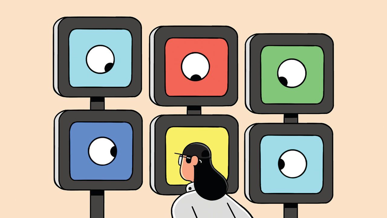 An illustration of a person looking at six screens, each displaying  eyes which are looking back
